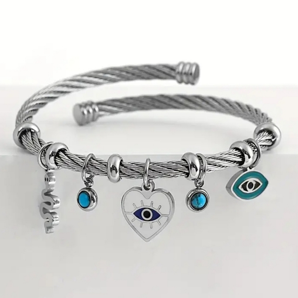 Silver Boho Evil Eye Open Cuff Charm Bracelet